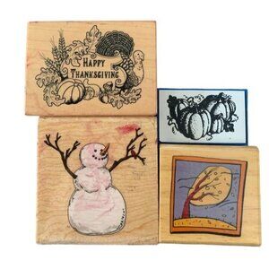 Wooden Rubber Stamp Set Thanksgiving & Winter Designs Snowman Pumpkins Turkey Ar